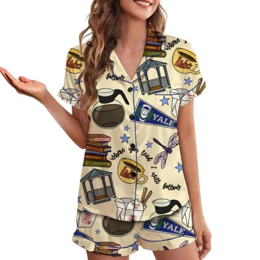 Stars Hollow Satin Pajama Set, Print Sleepwear & Loungewear PJs - Image 2