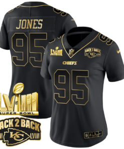 Chris Jones Kansas City Chiefs Super Bowl LVIII & Back 2 Back Gold Patch Black Gold Women Style Jersey V2 - All Stitched