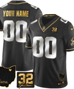 Cleveland Browns #32 Jim Brown Memorial & Home Patch Gold Custom Jersey - All Stitched