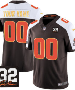 Cleveland Browns #32 Jim Brown Memorial Patch Gold Trim Custom Jersey - All Stitched