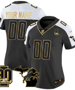 Detroit Lions 90th Year & Michigan Patch Gold Vapor Custom Jersey - All Stitched