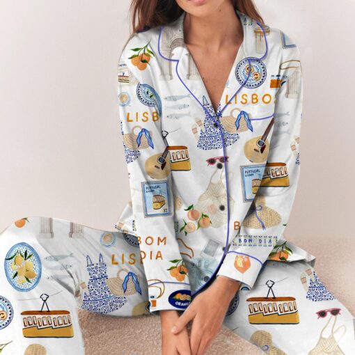 Lisbon Portugal Travel Satin Pajama Set, Print Sleepwear & Loungewear PJs - Image 7