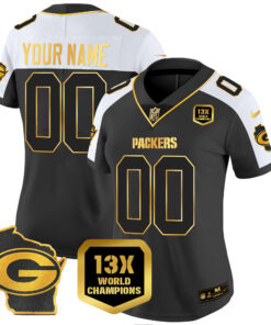 Green Bay Packers 13 Time World Champions & Home Patch Gold Vapor Custom Jersey � All Stitched