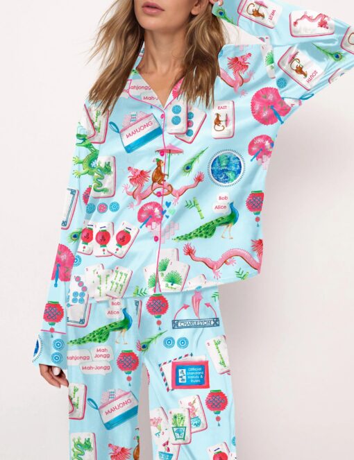 Chinoiserie Mahjong Satin Pajama Set For Women - Image 3
