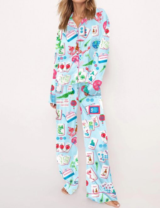 Chinoiserie Mahjong Satin Pajama Set For Women - Image 4