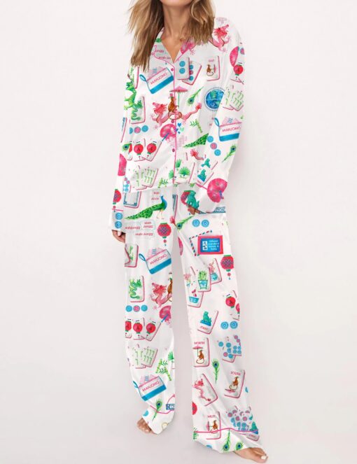 Chinoiserie Mahjong Satin Pajama Set For Women - Image 6