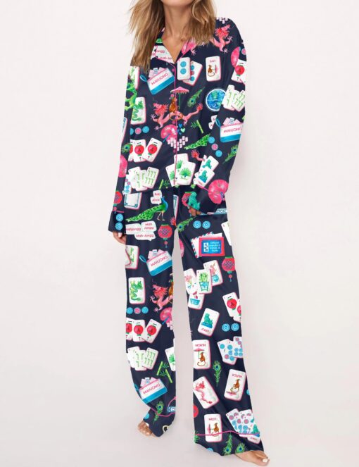 Chinoiserie Mahjong Satin Pajama Set For Women - Image 8