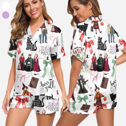 Hocus Pocus Pajamas Set, Sanderson Sisters Satin Pajamas, Spooky Season Pajamas Set, Trick Or Treat Shirt, houcus picus wind spinner