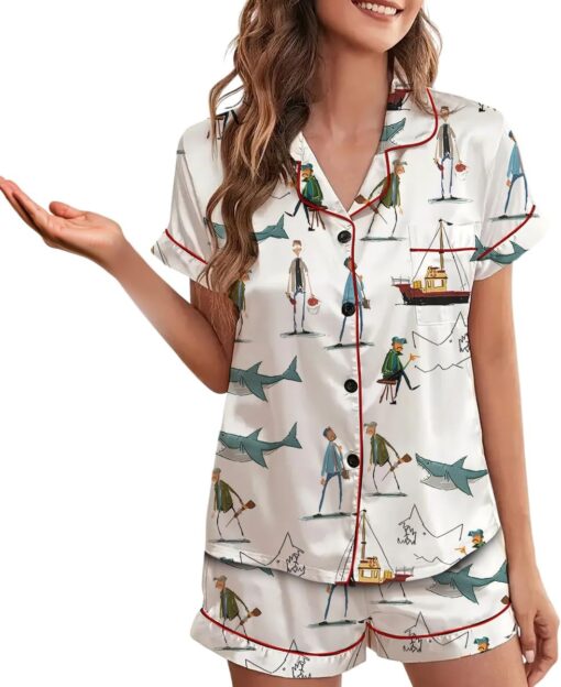 Jaws Silky Satin Pajama Set For Women, Funny Shark & Boat Print Sleepwear - Image 3