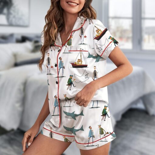 Jaws Silky Satin Pajama Set For Women, Funny Shark & Boat Print Sleepwear - Image 2