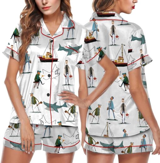 Jaws Silky Satin Pajama Set For Women, Funny Shark & Boat Print Sleepwear