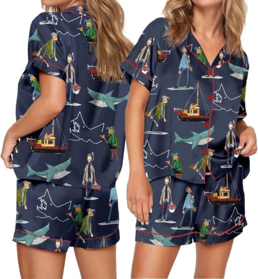 Jaws Silky Satin Pajama Set For Women, Funny Shark & Boat Print Sleepwear - Image 5