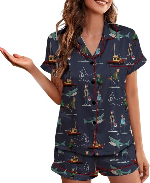 Jaws Silky Satin Pajama Set For Women, Funny Shark & Boat Print Sleepwear - Image 7