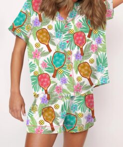 Tropical Pickleball Silky Satin Pajama Set For Women