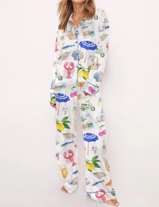 Amalfi Coast Italy Summer Satin Pajama Set For Women - Image 2