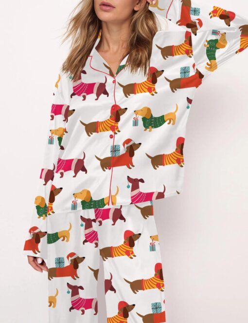 Christmas Festive Dachshund Satin Pajama Set For Women - Image 4