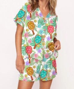Tropical Pickleball Silky Satin Pajama Set For Women