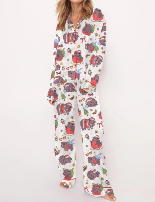 Moo Deng Christmas Satin Pajama Set For Women - Image 2