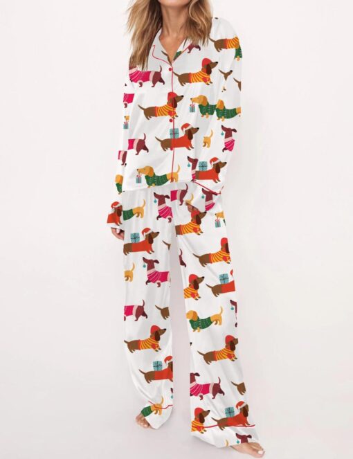 Christmas Festive Dachshund Satin Pajama Set For Women - Image 5