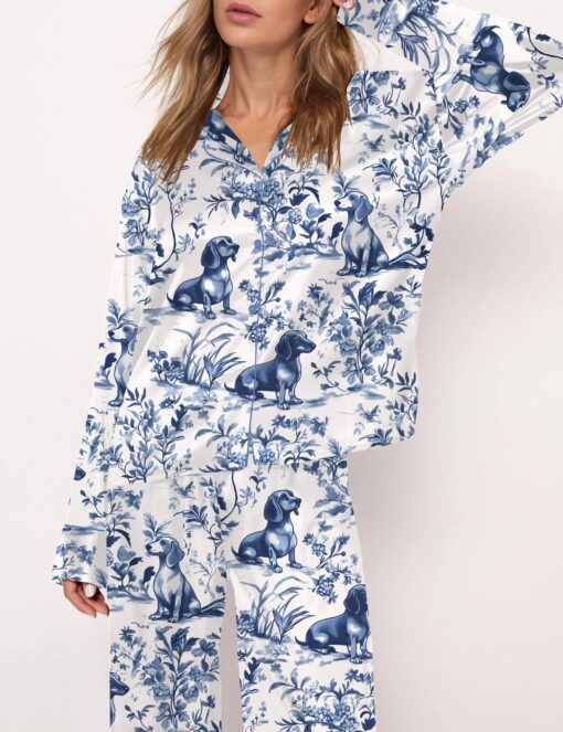 Dachshund Blue Satin Pajama Set For Women - Image 5