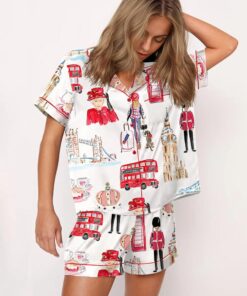 London Travel Watercolor Satin Pajama Set For Women