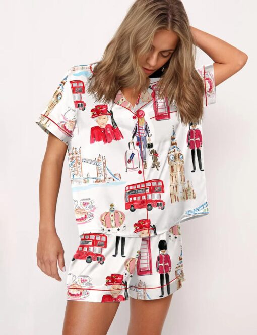 London Travel Watercolor Satin Pajama Set For Women