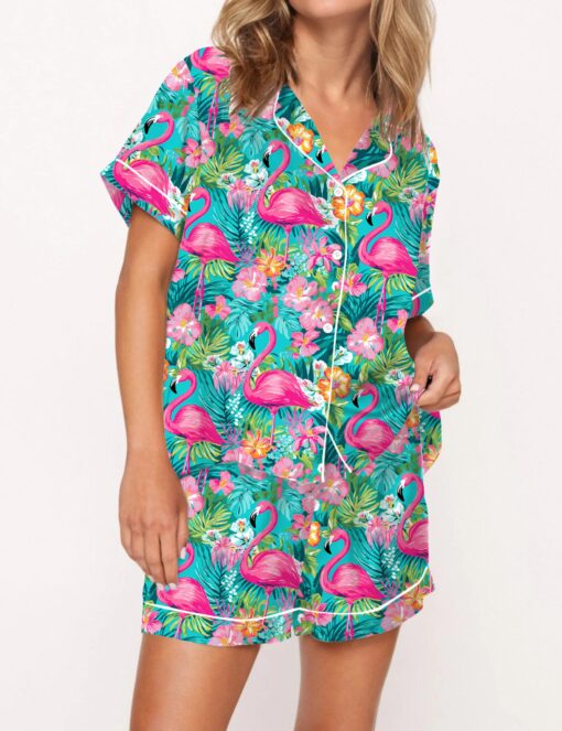 Preppy Tropical Flamingo Satin Pajama Set For Women