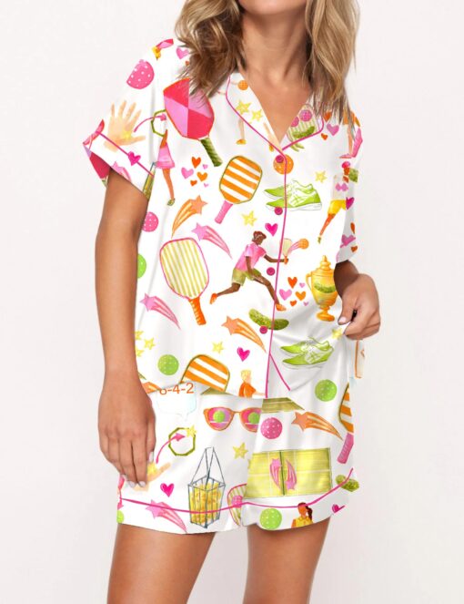 Summer Pickleball Silky Satin Pajama Set For Women