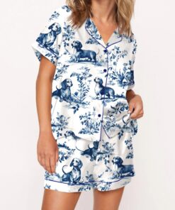 Chinoiserie Dachshund Silky Satin Pajama Set For Women