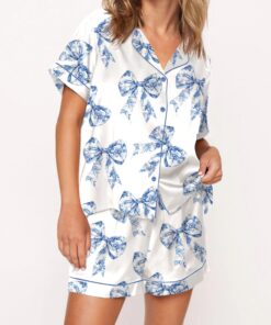 Chinoiserie Bow Silky Satin Pajama Set For Women