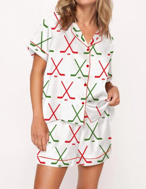 Christmas Ice Hockey Satin Pajama Set For Women