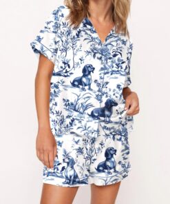 Dachshund Blue Satin Pajama Set For Women