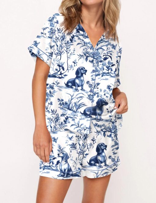 Dachshund Blue Satin Pajama Set For Women