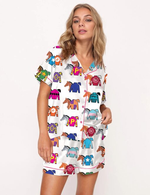 Kentucky Derby Contenders Colorful Jockey Horse Racing Satin Pajama Set