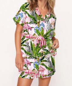 Jungle With Cheetahs Striped Satin Pajama Set For Women