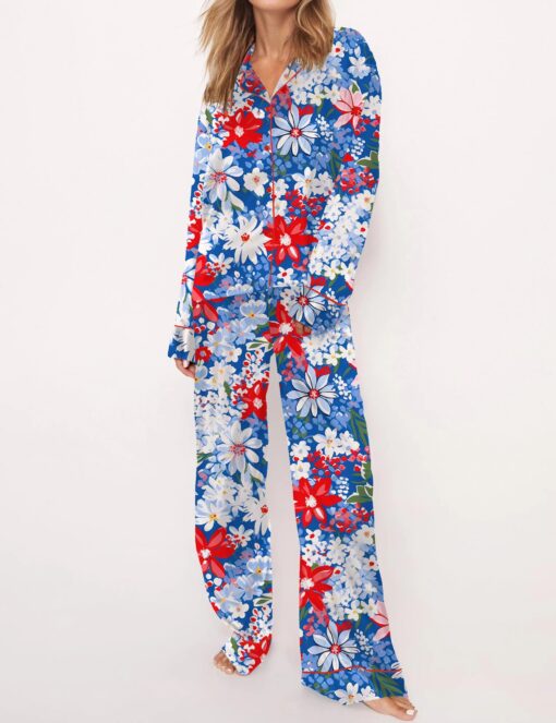4th Of July Floral Silky Satin Pajama Set For Women - Image 2