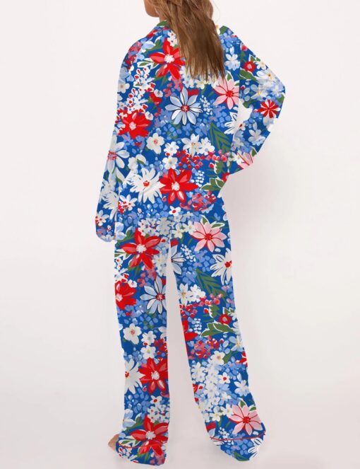 4th Of July Floral Silky Satin Pajama Set For Women - Image 3