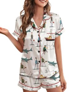 Jaws Silky Satin Pajama Set For Women, Funny Shark & Boat Print Sleepwear