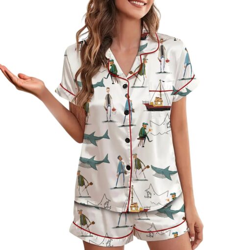 Jaws Silky Satin Pajama Set For Women, Funny Shark & Boat Print Sleepwear