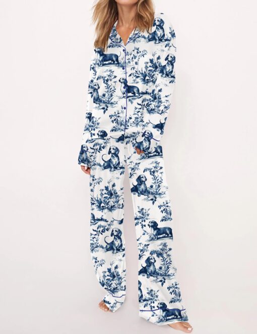 Chinoiserie Dachshund Silky Satin Pajama Set For Women - Image 7