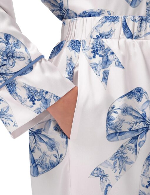 Chinoiserie Bow Silky Satin Pajama Set For Women - Image 7