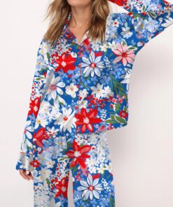 4th Of July Floral Silky Satin Pajama Set For Women