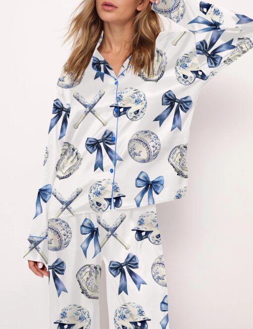 Chinoiserie Baseball Silky Satin Pajama Set For Women - Image 5