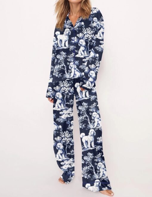 Blue Poodle Dog Silky Satin Pajama Set For Women - Image 6