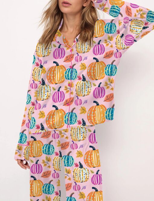 Fall Pumpkin Silky Satin Pajama Set For Women - Image 5