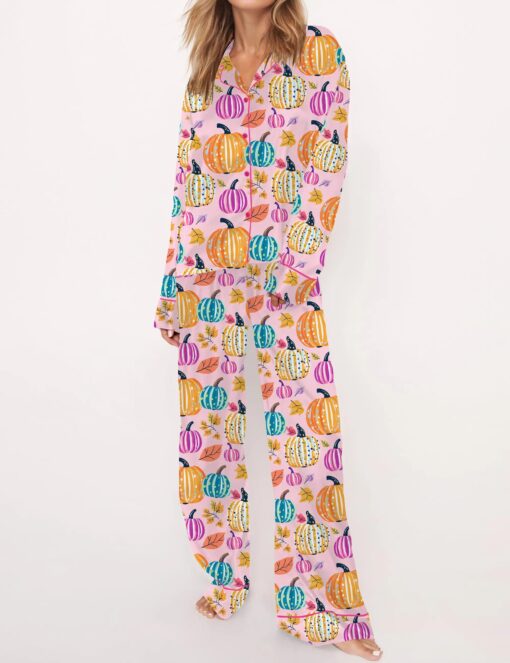 Fall Pumpkin Silky Satin Pajama Set For Women - Image 8