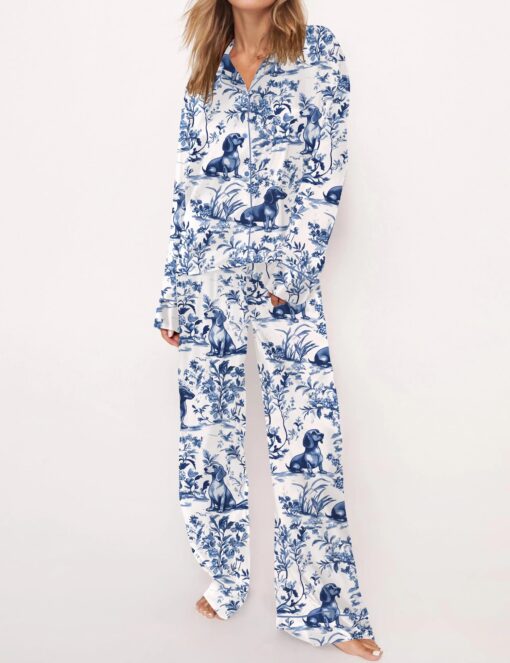 Dachshund Blue Satin Pajama Set For Women - Image 6