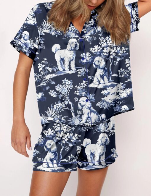Blue Poodle Dog Silky Satin Pajama Set For Women - Image 3