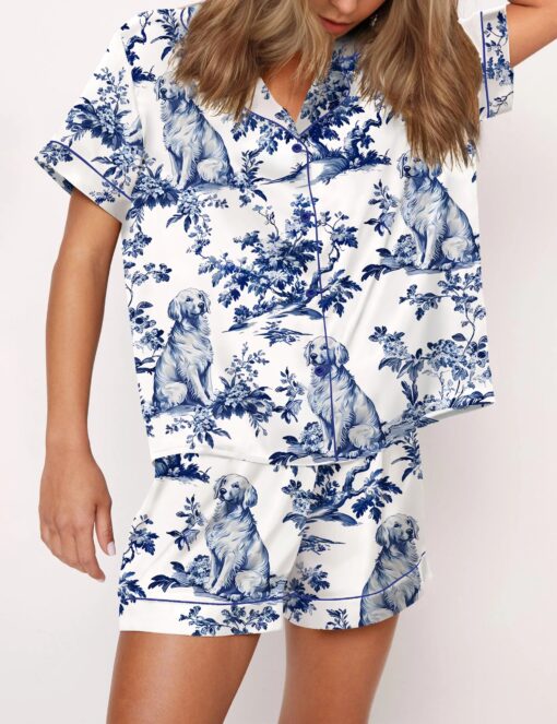 Chinoiserie Golden Retriever Silky Satin Pajama Set For Women - Image 2