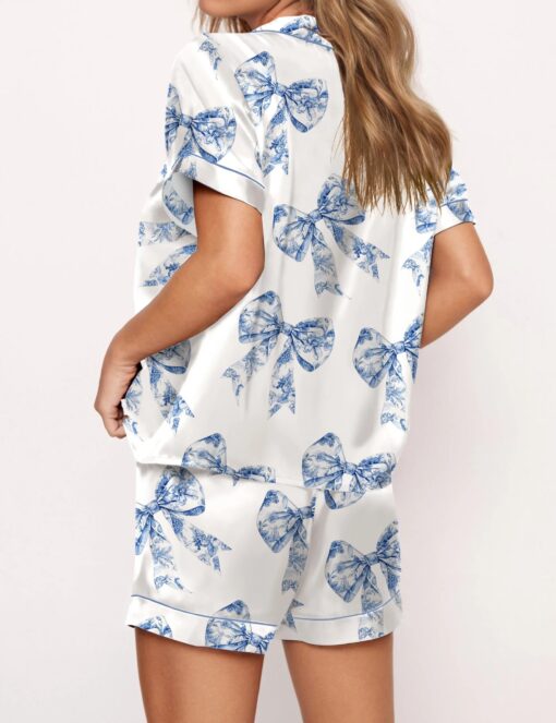 Chinoiserie Bow Silky Satin Pajama Set For Women - Image 2